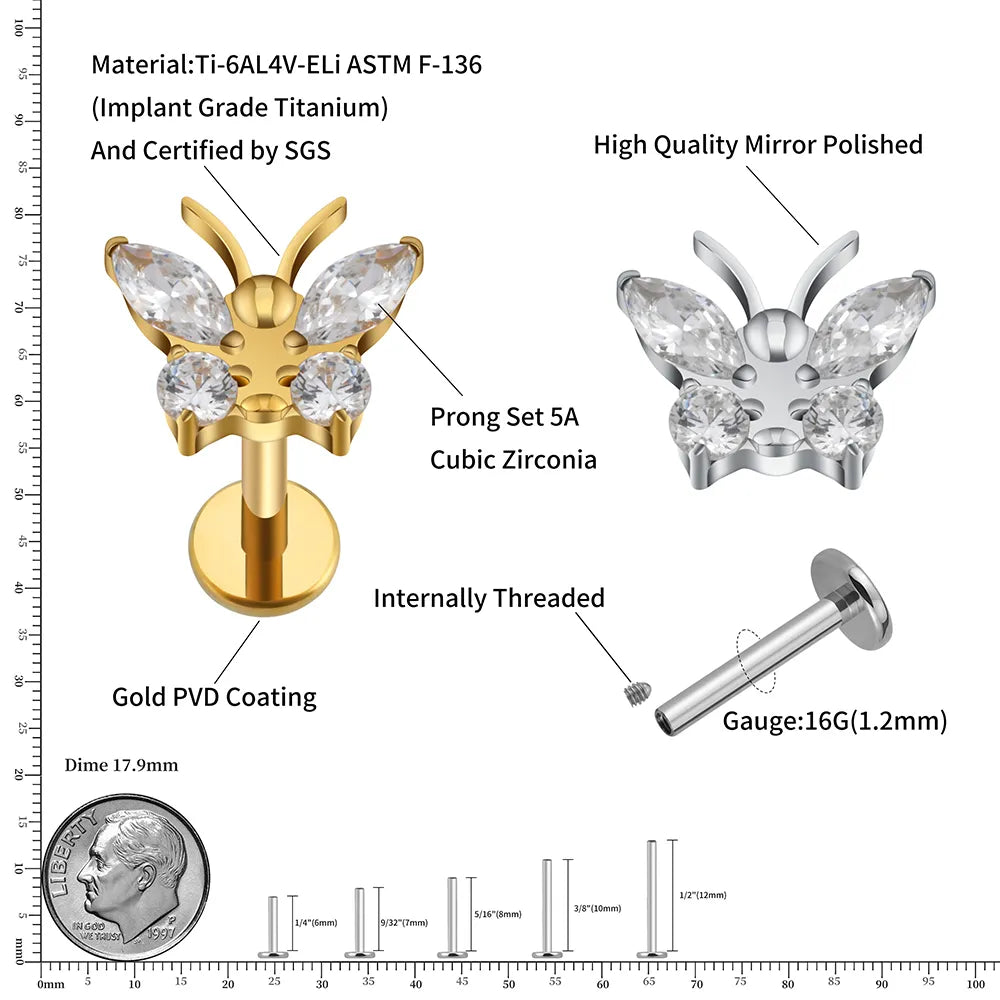 Labret piercing stud cute with a butterfly 16G implant-grade titanium flat back CZ stone