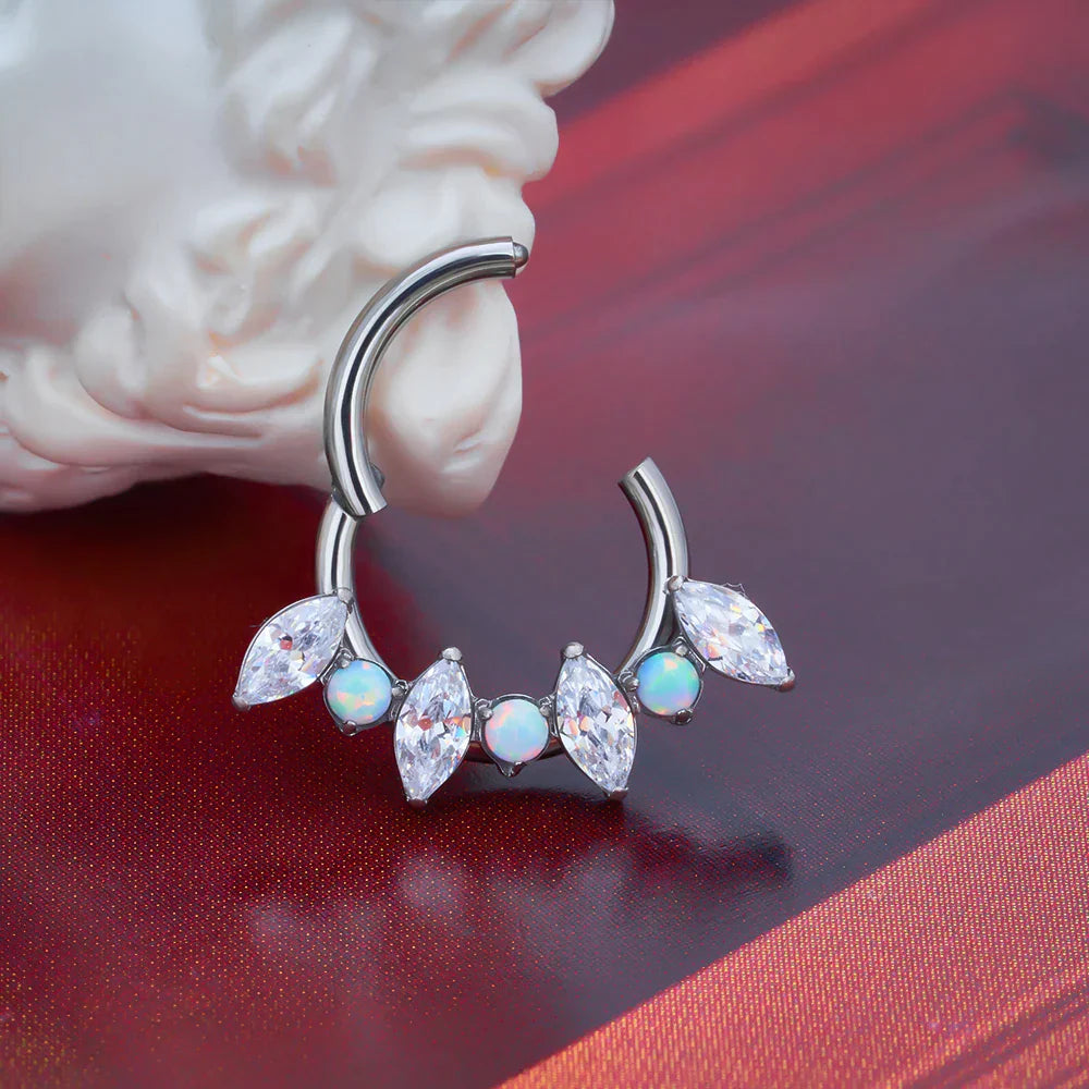 Opal septum clicker with white opal gold silver 16G titanium nose ring with CZ stones hinged clicker