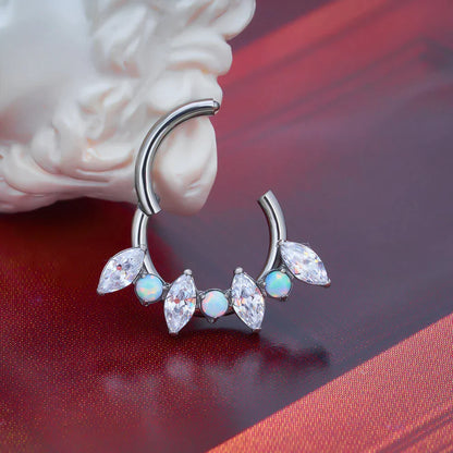 Opal septum clicker with white opal gold silver 16G titanium nose ring with CZ stones hinged clicker