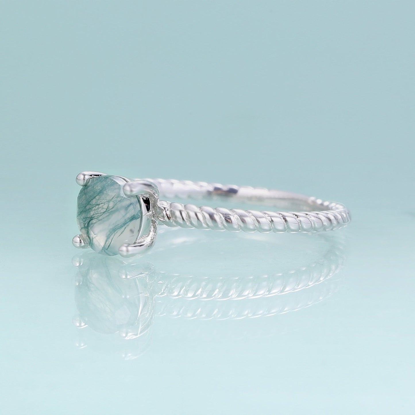 Women's moss agate ring solitaire ring minimalist and dainty in silver