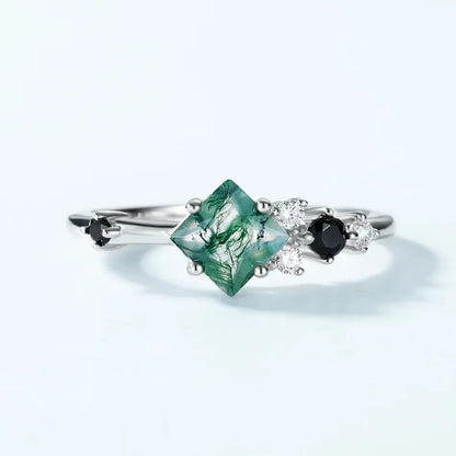 Moss agate stone ring with black CZ stones dainty and elegant for women