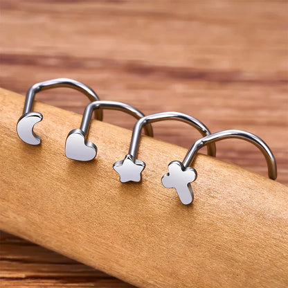 Screw nose ring with a cross titanium corkscrew nose stud silver