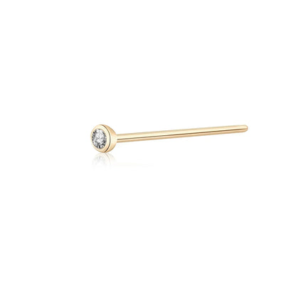 Minimalist gold stud earring with small round clear gemstone on white background, Rosary Milano