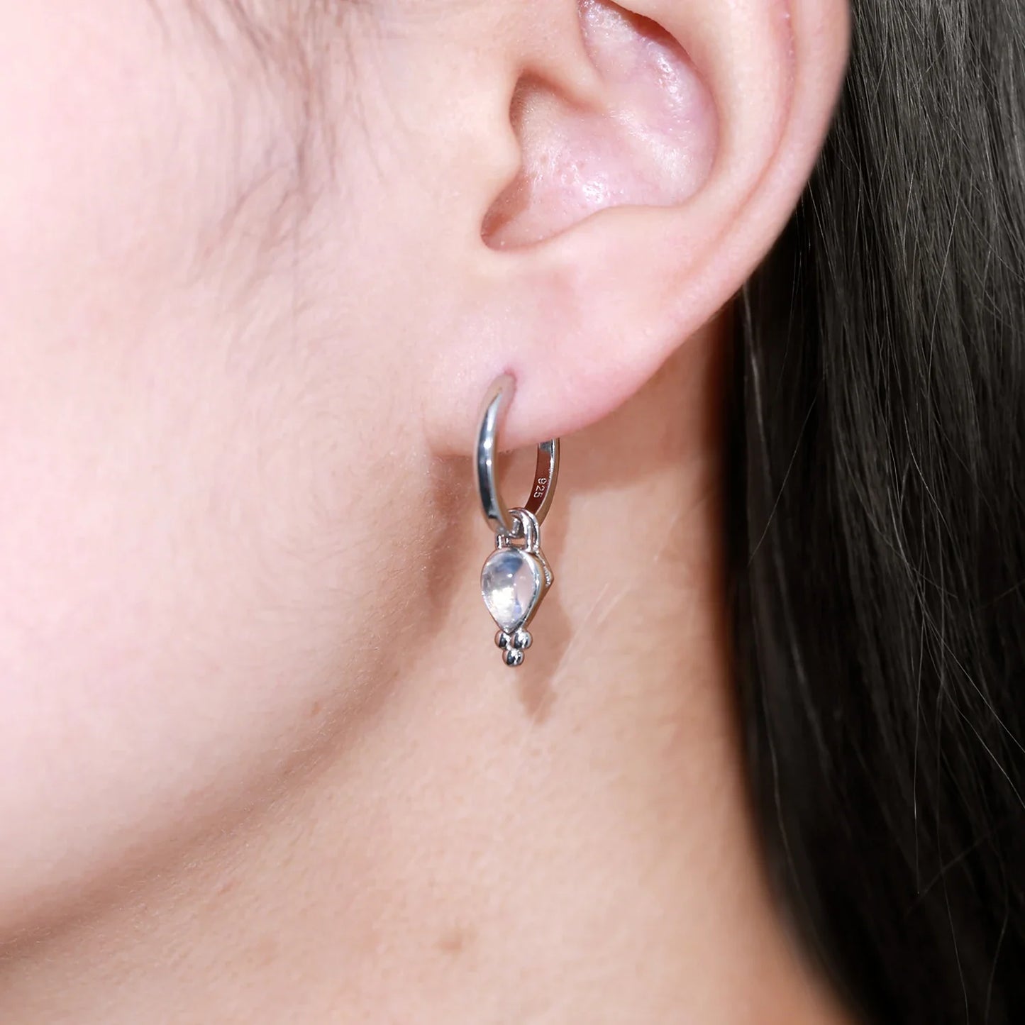Moonstone drop earrings with teardrop moonstones three dots and cz short hoop earrings