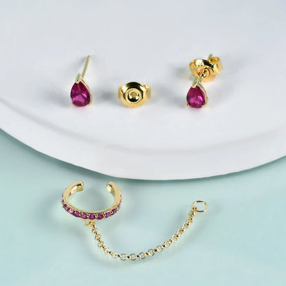 Ear cuff and stud set with clear red and green teardrop cz stones gold ear cuff