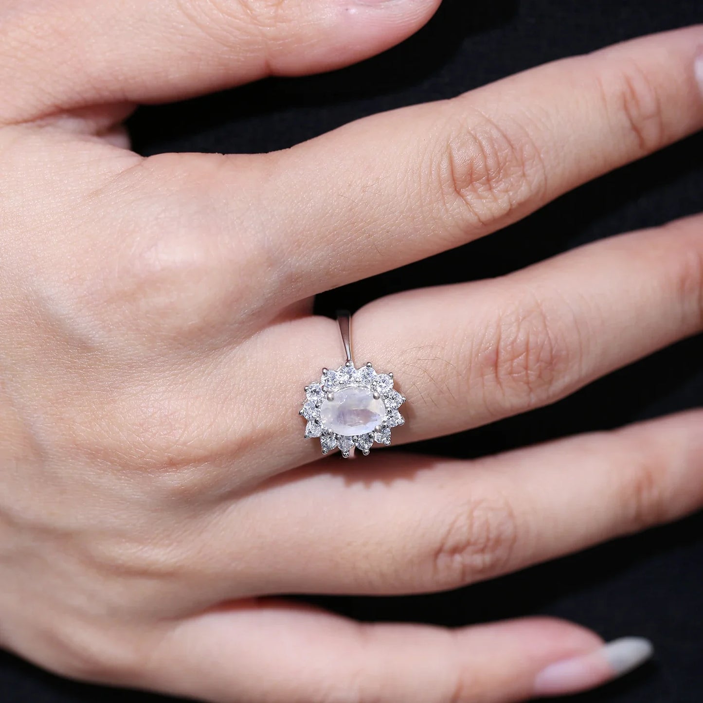Moonstone and diamond cz ring (Mini) with an oval moonstone and cz promise ring for her