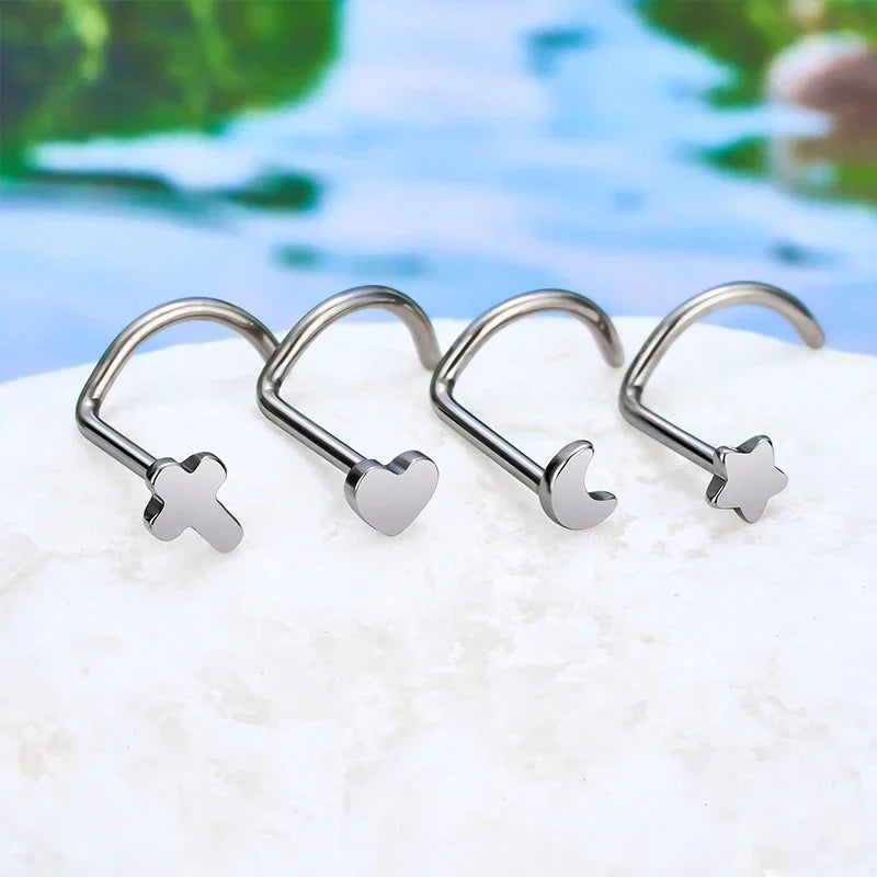 Screw nose ring with a cross titanium corkscrew nose stud silver