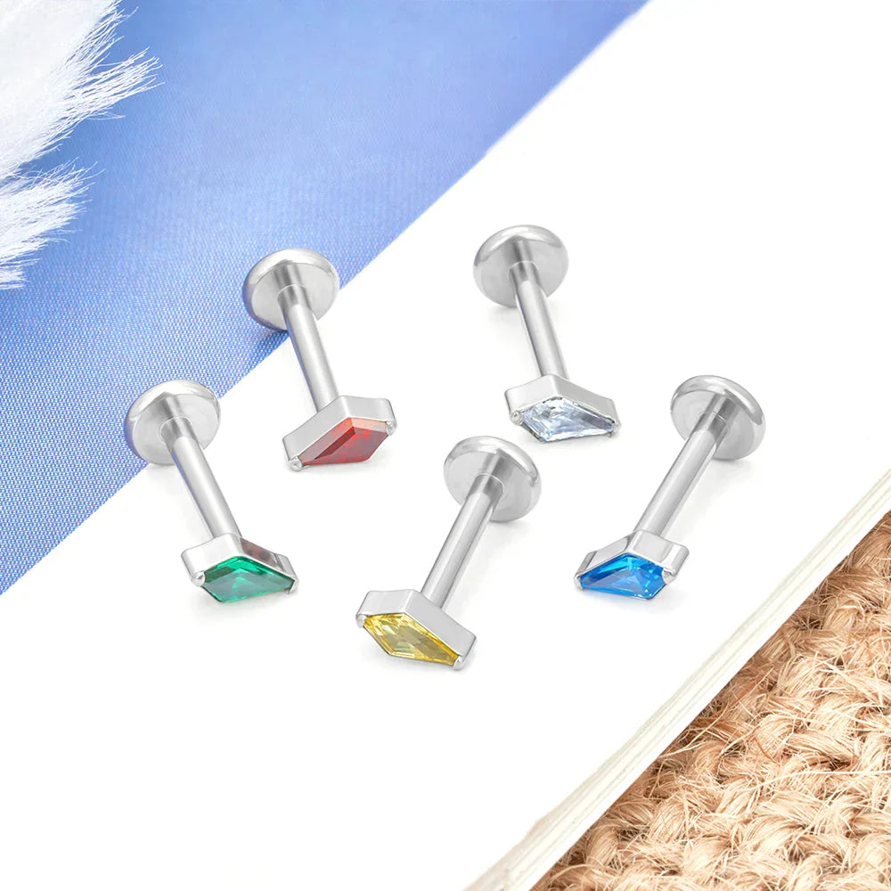 Diamond ashley piercing with a kite shape stone clear ashley piercing titanium lip piercing