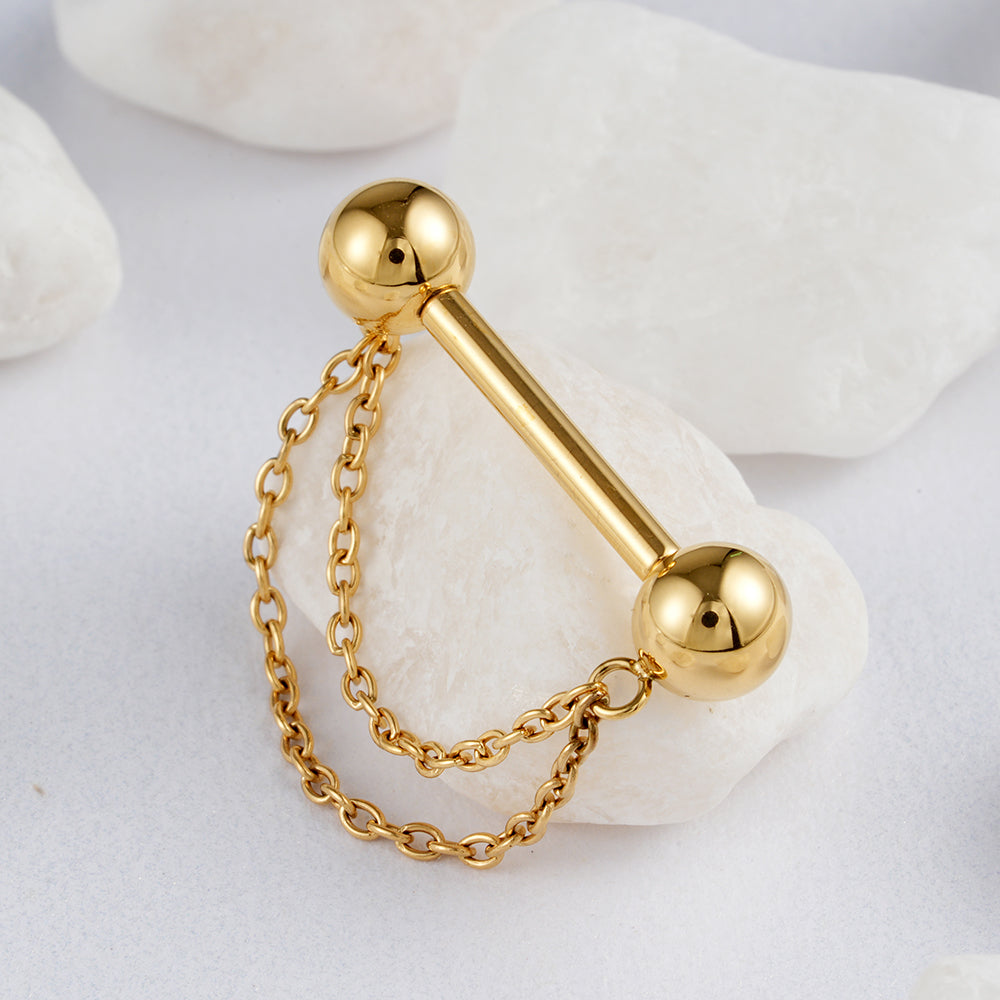 Titanium nipple bar with double chains gold and silver cute and unique 14G 1 piece
