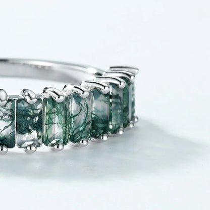 Moss agate baguette ring half eternity ring sterling silver unique gemstone ring