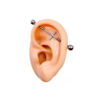 Titanium industrial barbell 16G 14G with a cross 38mm with CZ industrial bar piercing gold silver