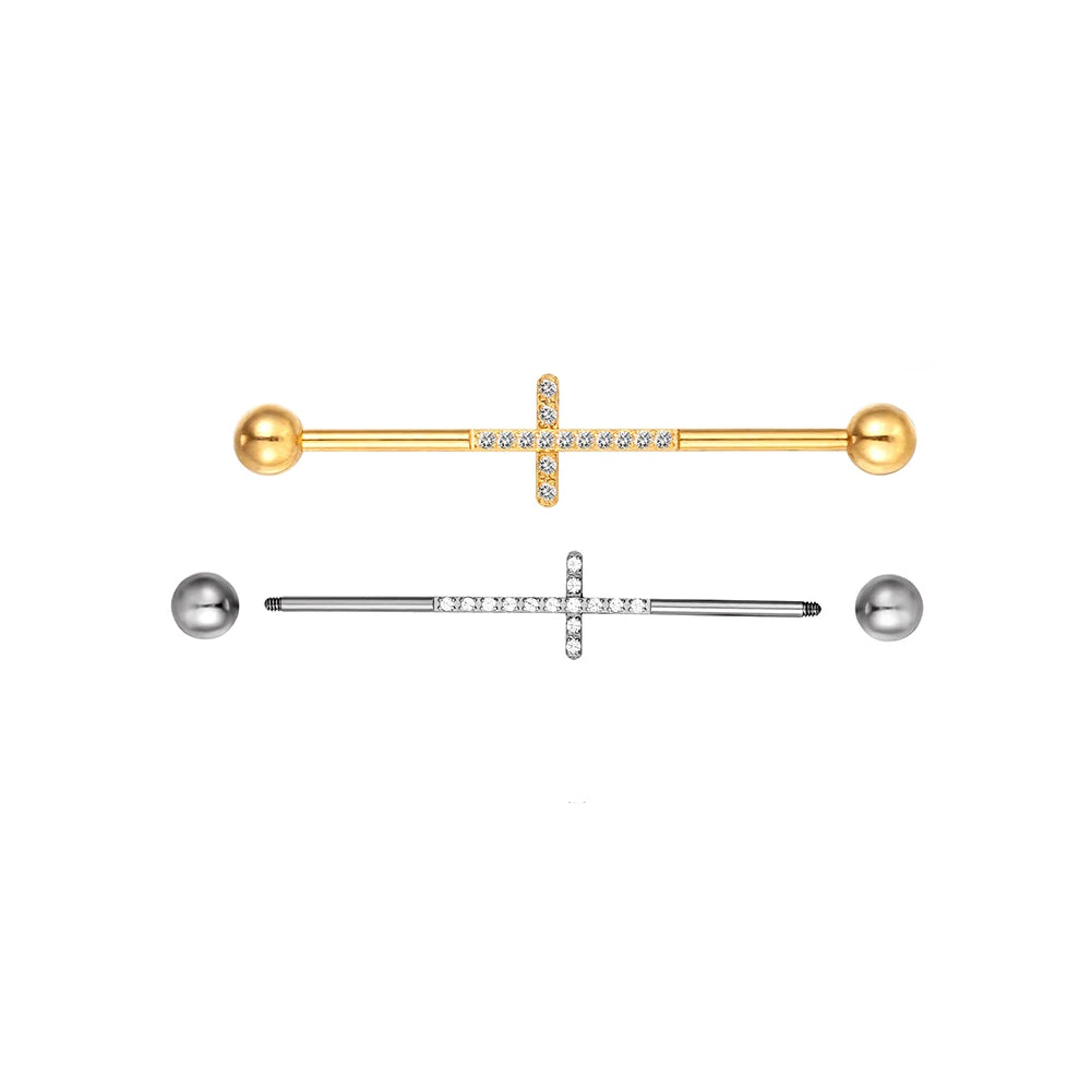 Titanium industrial barbell 16G 14G with a cross 38mm with CZ industrial bar piercing gold silver