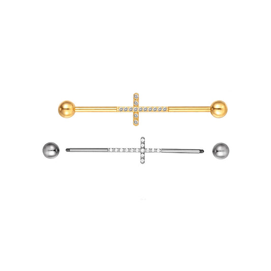 Titanium industrial barbell 16G 14G with a cross 38mm with CZ industrial bar piercing gold silver
