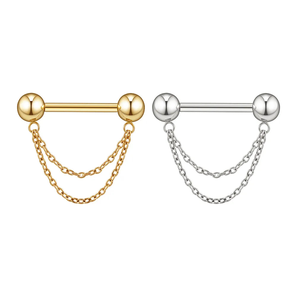 Titanium nipple bar with double chains gold and silver cute and unique 14G 1 piece