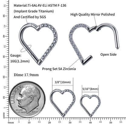 Heart daith piercing implant-grade titanium 16 gauge with CZ