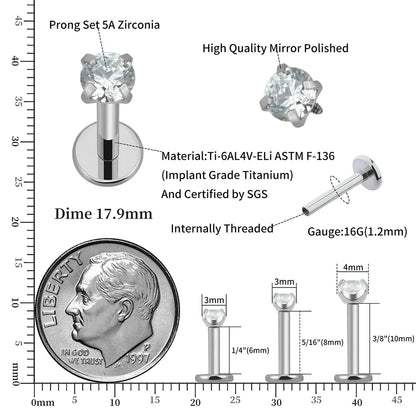 Diamond labret stud flat back labret nose stud with a clear crystal 16G implant-grade titanium