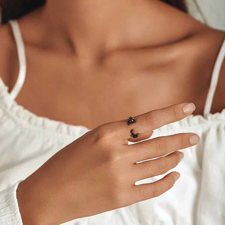 Black cat ring in sterling silver cute ring adjustable