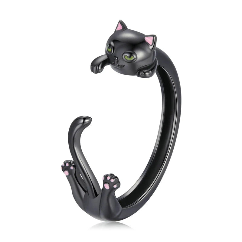 Black cat ring in sterling silver cute ring adjustable