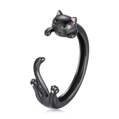 Black cat ring in sterling silver cute ring adjustable