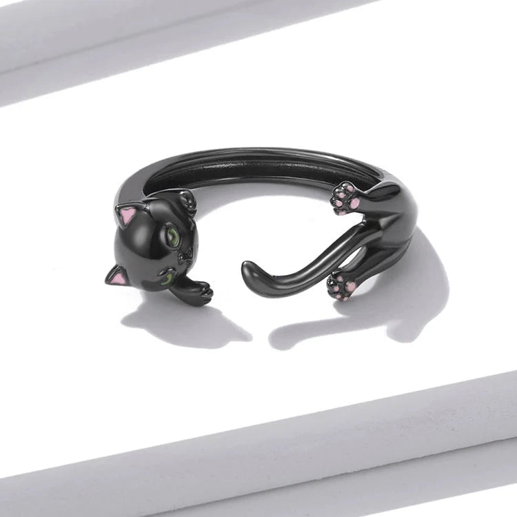 Black cat ring in sterling silver cute ring adjustable