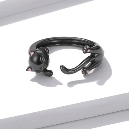 Black cat ring in sterling silver cute ring adjustable