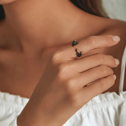 Black cat ring in sterling silver cute ring adjustable