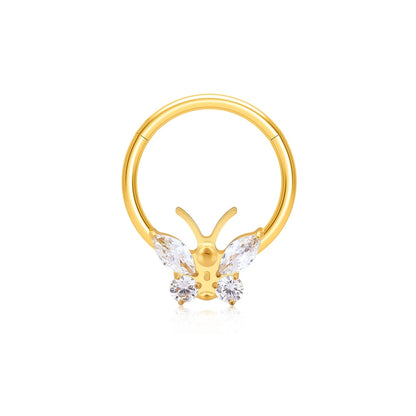 Butterfly nose ring gold silver with CZ stones septum piercing titanium nose clicker