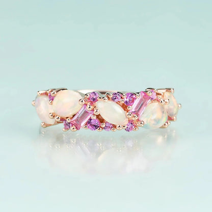 Ethiopian opal ring with pink sapphire semi-eternity ethiopian opal engagement ring