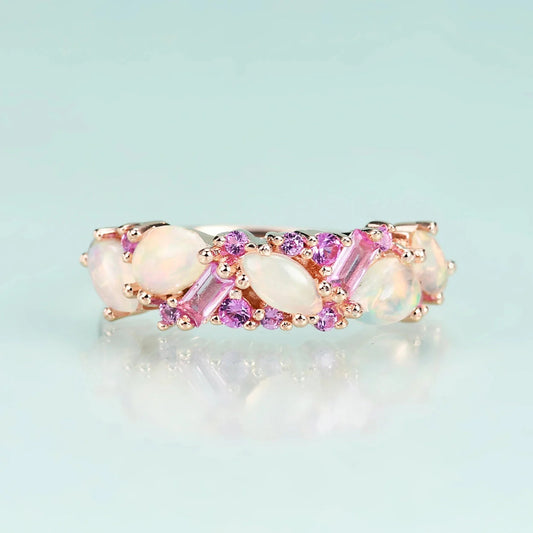 Ethiopian opal ring with pink sapphire semi-eternity ethiopian opal engagement ring