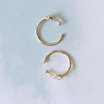 Gold nose ring hoop with diamond cz 14K solid gold