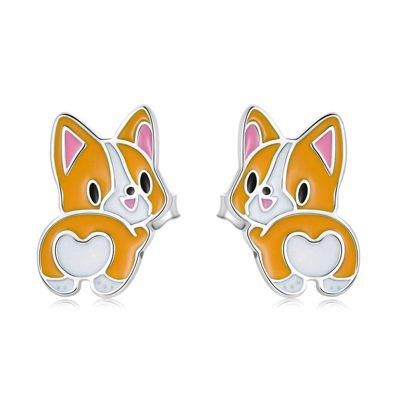 Silver corgi earrings stud earrings