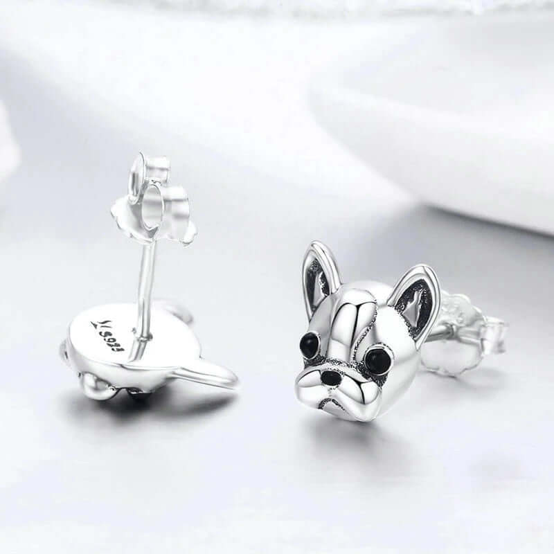 Silver dog earrings French bulldog