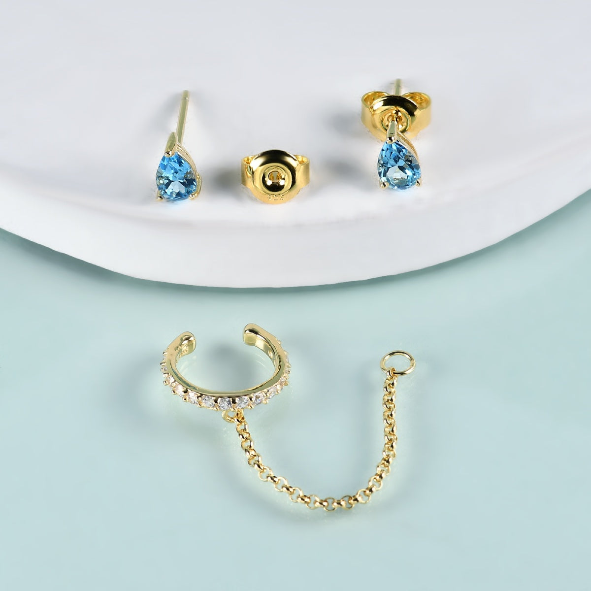 Swiss blue topaz earrings an ear cuff and stud set gemstone ear studs