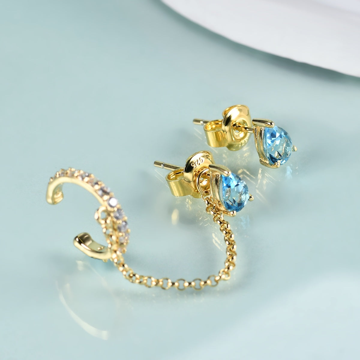 Swiss blue topaz earrings an ear cuff and stud set gemstone ear studs