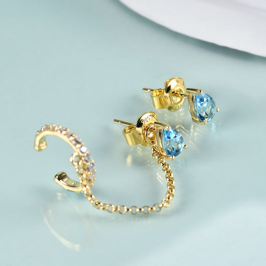 Swiss blue topaz earrings an ear cuff and stud set gemstone ear studs