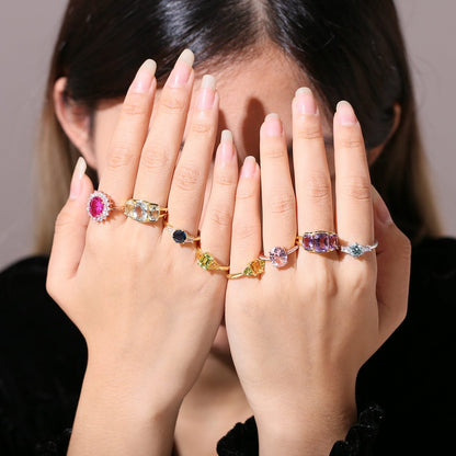 Three-stone trellis amethyst ring