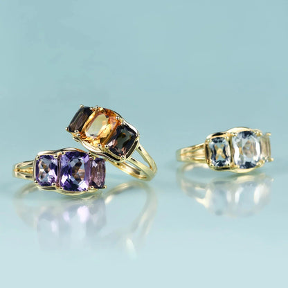 Three-stone trellis amethyst ring